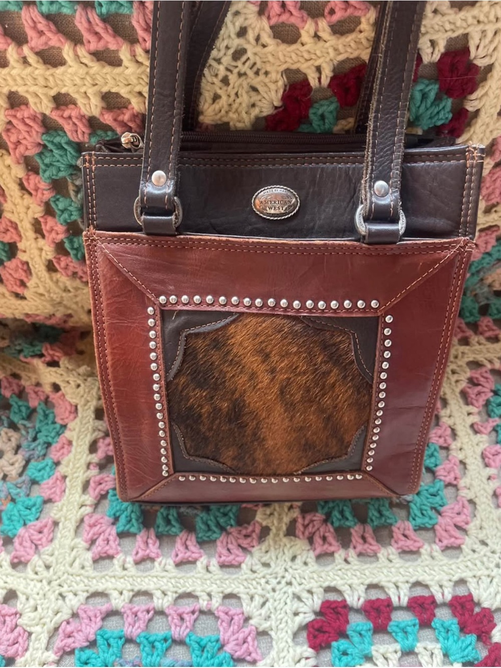 American West Brown Leather & Haircalf Studded mini Tote